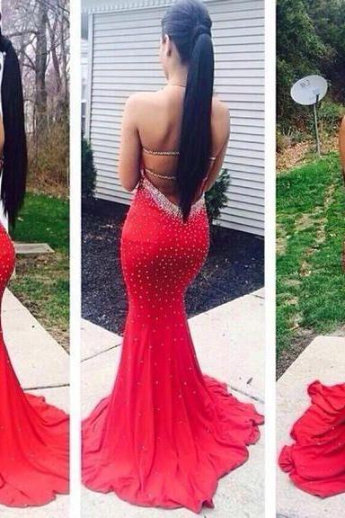 Sexy Red Mermaid Long Prom Dresses 2016 Halter Neck Backless Beading Vestido de festa 2016 Party Dresses Slim Evening Dress