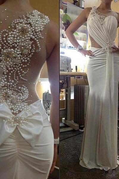 Sparkly 2016 New Year Party Full Pearls Beaded Prom Dresses Sheer Neck Chiffon Evening Gowns With Bow High Quality Pearls Gown