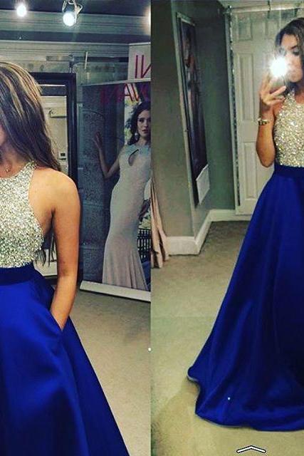 Prom Dresses Arrival Sexy A-line Royal Blue Rhinestones Beads Satin Prom Dress Long Formal Evening Dress Party Prom Gowns
