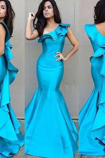 Prom Dresses Arrival Sexy Mermaid One Shoulder Turquoise Satin Prom Dress Long Formal Evening Dress Party Prom Gowns