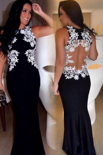 Prom Dresses New Arrival Sexy Cheap Mermaid Black and White Appliques See-through Back Prom Dress Long Formal Evening Dress Party Prom Gowns
