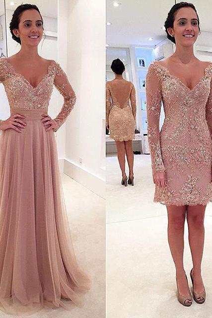 Prom Dresses Arrival Sexy V-neck Sheer Long Sleeves Blush Backless Prom Dress Long Formal Evening Dress Party Prom Gowns