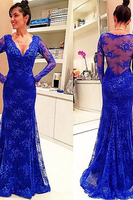 Prom Dresses Arrival Sexy Cheapmermaid Blue V-neck Sheer Long Sleeves See-through Back Prom Dress Long Formal Evening Dress Party Prom Gowns