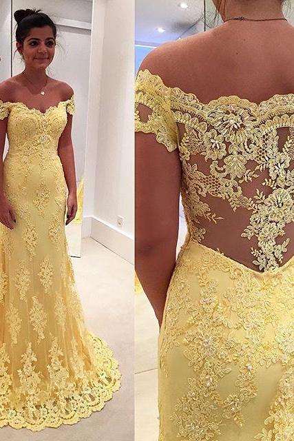 Prom Dresses New Arrival Sexy Unique Cheap Mermaid Yellow Off Shoulder Sheer Back Lace Long Prom Dress Long Formal Evening Dress Party Prom Gowns