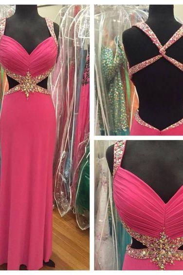 Real Iamge Prom Dresses Sexy A-line Fuchsia/ Pink Sweetheart Beads Rhinestones Backless Long Chiffon Formal Party Gowns