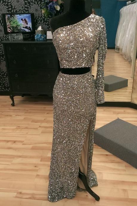 Real Iamge Prom Dresses Sexy Cheap Mermaid Bling Sparkle Luxury One Shoulder Side Slit Sequins Lace Formal Party Gowns