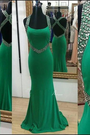 2016 Real Iamge Prom Dresses Sexy Cheap Mermaid Halter Green Halter Backless Beads Chiffon Formal Party Gowns robes de bal