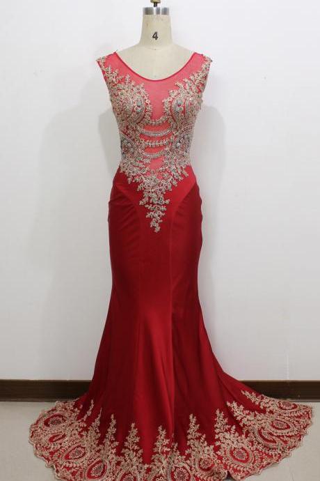 2016 Real Image/Picture Mermaid Prom Dresses Red Sheer Neck Appliques Hollow Back Long Formal Evening Party Gowns