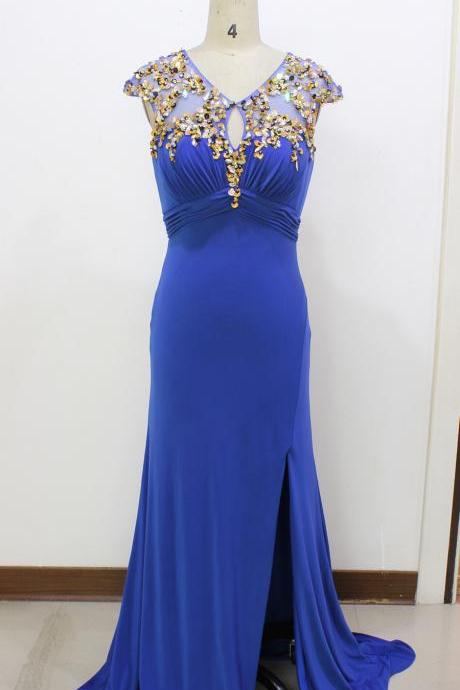 2016 Real Image Picture Evening Dresses New Cheap Sexy Royal Blue Side Slit Flower Backless Long Formal Prom Party Gowns Gowns