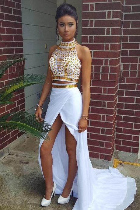 2016 Evening Dresses Sexy Arrival Two 2 Pieces White Mermaid Sheer Bodice Side Slit Backless Formal Prom Party Gowns