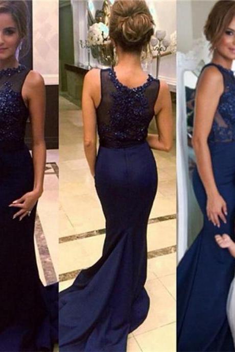 2016 Evening Dresses Arrival Elegant Mermaid Dark Navy Beads Sheer Back Formal Long Prom Party Dress Gown Abendkleider