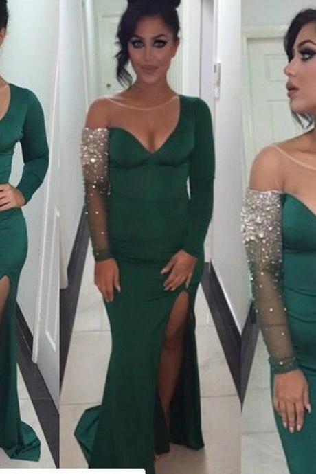 2016 Evening Dresses New Cheap Sexy Mermaid Dark Green V-Neck Sheer Sleeves Satin Formal Long Prom Party Dress Gown Abendkleider