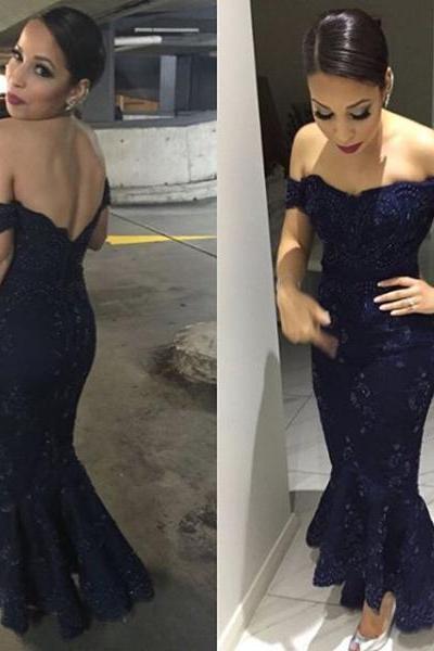 2016 Evening Dresses New Cheap Sexy Mermaid Off Shoulder Dark Navy Backless Lace Formal Long Prom Party Gowns Gowns Abendkleider