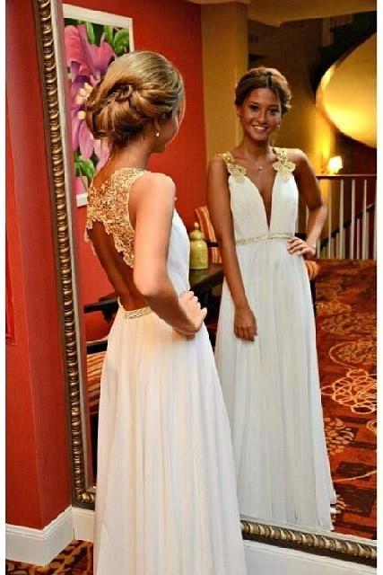 2016 Evening Dresses Sexy A-line White Deep V-neck Backless Formal Long Prom Party Gowns Gowns Abendkleider