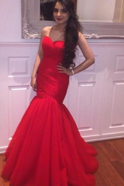 2016 Evening Dresses Arrival Sexy Mermaid Red Sweetheart Tulle Long Formal Long Prom Party Gowns