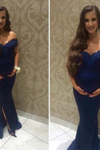 2016 Evening Dresses Arrival Sexy Mermaid Off Shoulder Dark Navy Appliques Side Slit Formal Prom Party Gowns Gowns