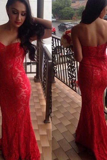 2016 Evening Dresses Elegant Arrival Mermaid Red Sweetheart Lace Long Formal Evening Party Gowns Abendkleider