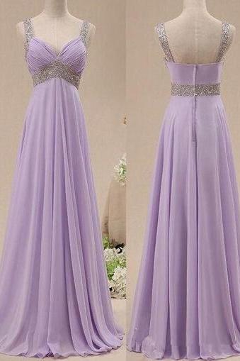 2016 Real Image Bridesmaid Dresses Lavendar V-neck Ruched Beads Chiffon Long Formal Prom Party Gowns Vestidos