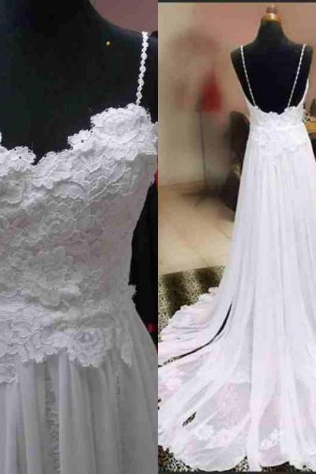 2016 Real Image Beach Wedding Dresses Vestidos De Novia A-line White Spaghetti Straps Backless Lace Wedding Dress Bridal Gowns