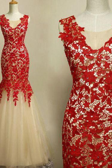 Lace, Mermaid, Sleeveless Prom Dresses, 2016 Red, With Zipper, Floor Length, Evening Gowns
