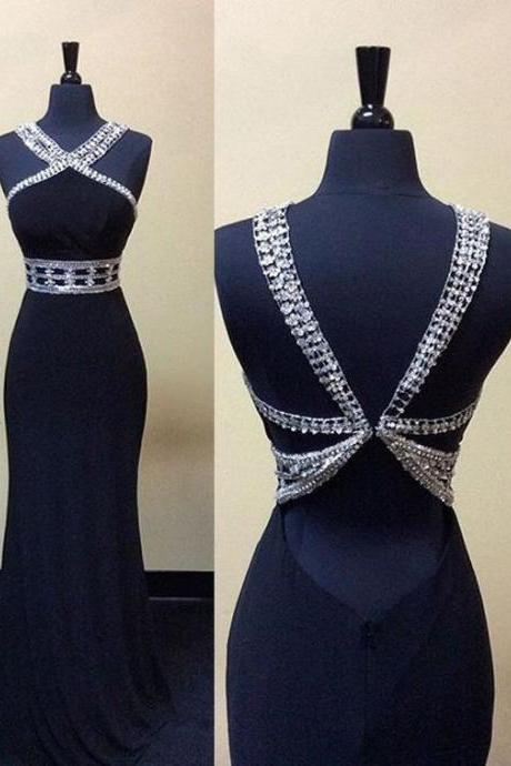 2016 Prom Dress, Mermaid Prom Dress,sexy Mermaid Long Beaded Backless Prom Dress-navy Blue Sleeveless Prom Dress
