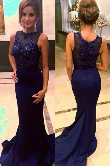 2016 Mermaid, Sleevesless, Prom Dresses, Appliques, Court, Train, Evening Gowns, With Beadings