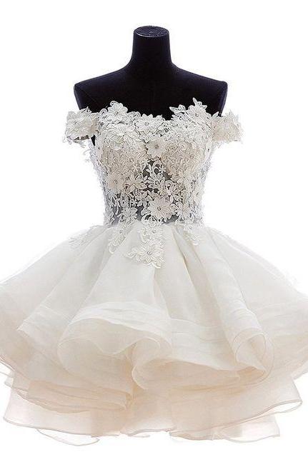 Lovely, Ball Gown, Off-Shoulder, Knee Length, Organza, Lace, Homecoming Dress, With Beads