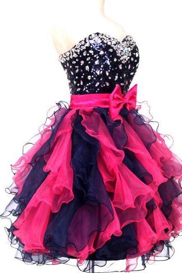 Short, Red & Black, Frills Women's Dress, Bridesmaids Prom Party, Beading Crystals, Sweet