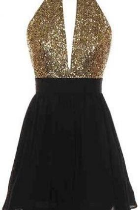 Sexy Open Back Homecoming Dress,gold Sequins Prom Dress,halter And V-neck Evening Dress