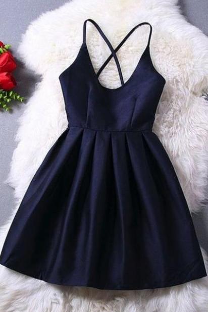 Simple Black Homecoming Dress, Spaghetti Strap Halter Prom Dress,navy Blue Mini Evening Dress