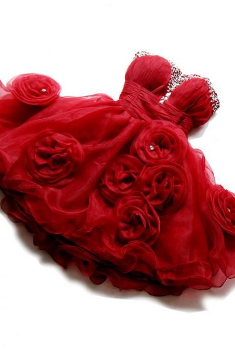 Romantic Red Prom Dresses,Organza Homecoming Dresses,Elegant Evening ,Sweetheart Homecoming Dresses,Handmade Flowers Homecoming Dresses