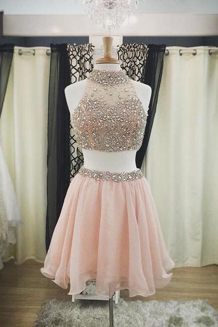 2016 Organza Homecoming Dresses,Elegant Evening Dresses,Beaded Pink Cocktail Dresses,2 Piece 2016 Popular Prom Dresses
