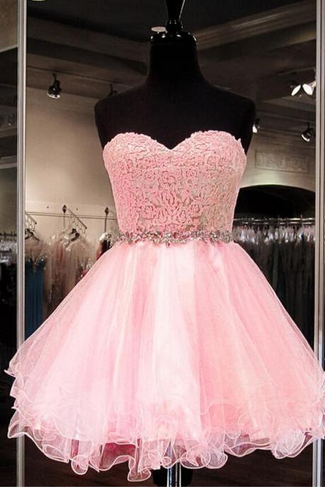2016 Tulle Homecoming Dresses,sweetheart Evening Dresses,applique Cocktail Dresses,pink Beaded 2016 Popular Homecoming Dresses