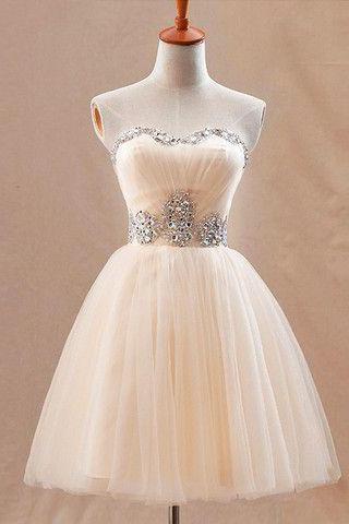 Lovely Champagne Homecoming Dress,flare Ball Gown Prom Dress, Mini Tulle Homecoming Dress,crystals Beaded Lady Dress