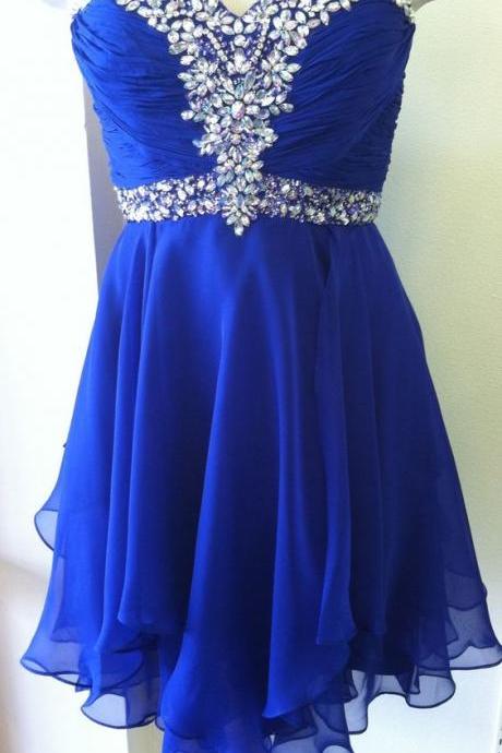 Royal Blue Crystal Embellished Ruched Sweetheart Short Chiffon Homecoming Dress