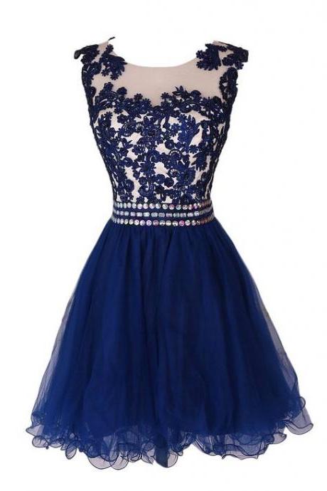 Charming Blue Homecoming Dress,Applique Prom Dress, Sleeveless Homecoming Dress