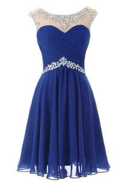 Customized Blue Homecoming Dress ,Short Prom Party Dress,Beaded flower Homecoming Dress,Chiffon Fabric Homecoming Dress