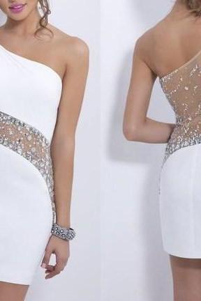 Sexy One Shoulder Homecoming Dress, Beaded White Party Dress,backless Form Fitting Prom Dress