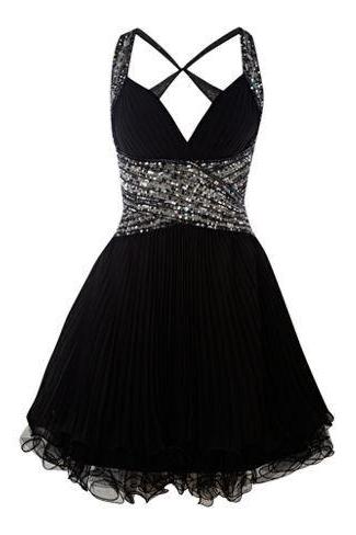 Cute Black Homecoming Dress,elegant Silver Rhinestone Prom Gown,beaded Straps Lady Party Dress, Tulle Short Backless Cocktail Dress