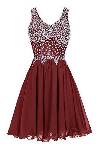 Elegant Chiffon Homecoming Dress,short Homecoming Party Dress ,beaded Burgundy Prom Dress