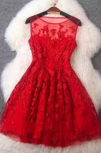 2016luxury Red Homecoming Dress, Embroidery Sleeveless Prom Dress,sexy Mini Cocktail Dress