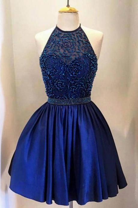 2016royal Blue Halter Homecoming Dress, Sexy Halter Homecoming Dress, Short Beading Homecoming Dress