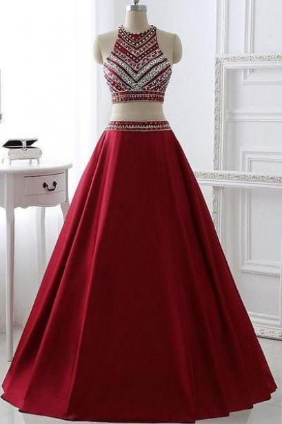 Sexy Beading Formal Dress,charming Two Pieces Burgundy Prom Dress, Bridal Party Dress
