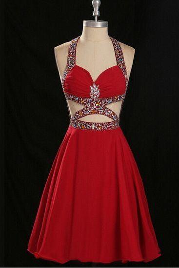 2016 Sexy Red Homecoming Dresses, Backless Prom Dresses, Halter Homecoming Dresses, Sexy Homecoming Dresses, Beading Custom Prom Dresses