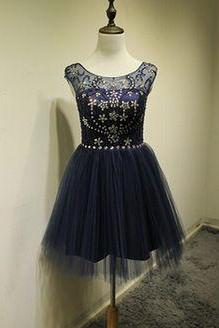2016 Custom Navy Blue Homecoming Dress,beading Flowers Prom Dress, Short Evening Dress, Tulle Prom Dress