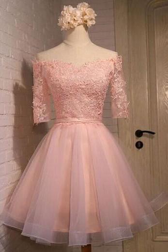 2016 Custom Long Sleeve Homecoming Dresses, Pink Lace Prom Dresses, Off Shoulder Party Dresses,elegant Homecoming Dresses, Custom Prom Dresses