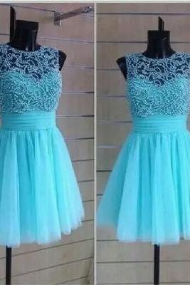 2016 Turquoise Homecoming Dress, Beading Prom Dress,sexy Sleeveless Party Dress, Tulle Evening Dress