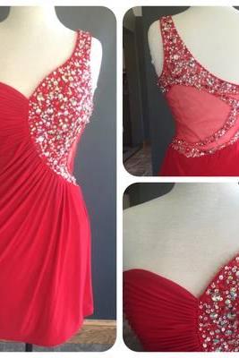 2016 Custom Homecoming Dresses,one Shoulder Red Prom Dresses, Back See Through Party Dresses, Lace And Beading Evening Dresses, Sexy Cocktail