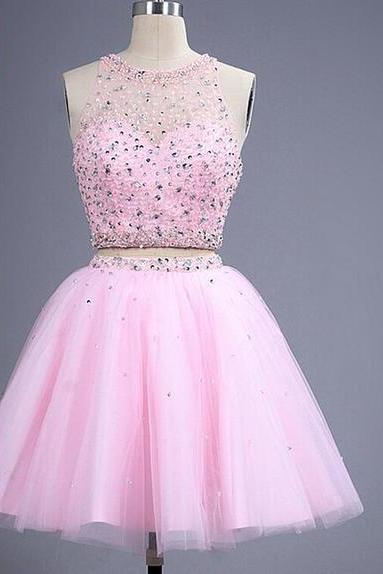 2016 Custom Homecoming Dresses,sexy Backless Prom Dresses, 2 Pieces Pink Homecoming Dresses, Beaded Short Evening Dresses, Sexy Homecoming