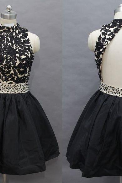 Sexy Backless Satin Homecoming Dresses,short Appliques Prom Dresses,charming Beaded Prom Dresses,lace Black Dresses For Juniors